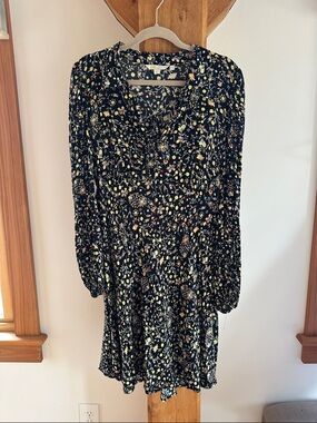 Boden Tie Neck Shirt Dress Women’s 10 Black Yellow Floral EUC